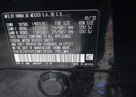 2022 Honda Hr-V 2Wd Ex from USA, damaged, VIN 3CZRU5H52NM728586